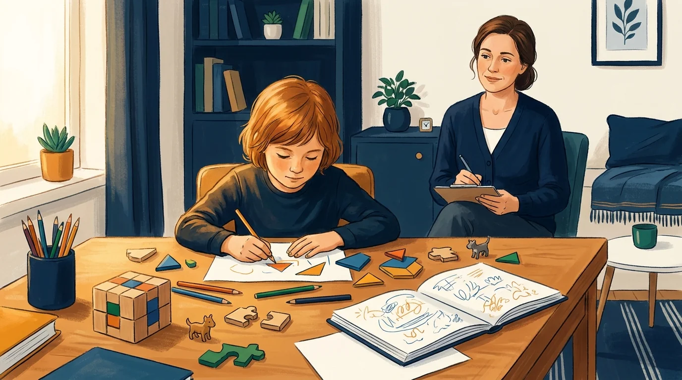 Evaluación psicopedagógica clínica: niño trabajando con material de evaluación mientras el terapeuta observa